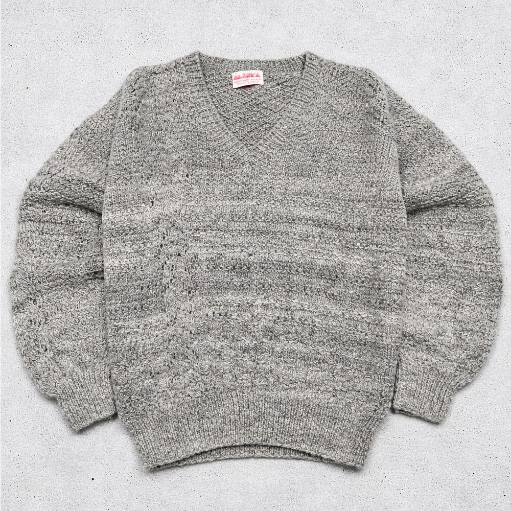 Minka Gray V-Neck Sweater 100% alpaca wool with mixed textures